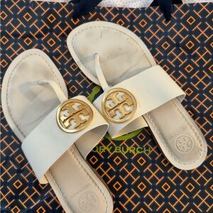 Tory Burch Gold and White Sandals with Logo Medallion